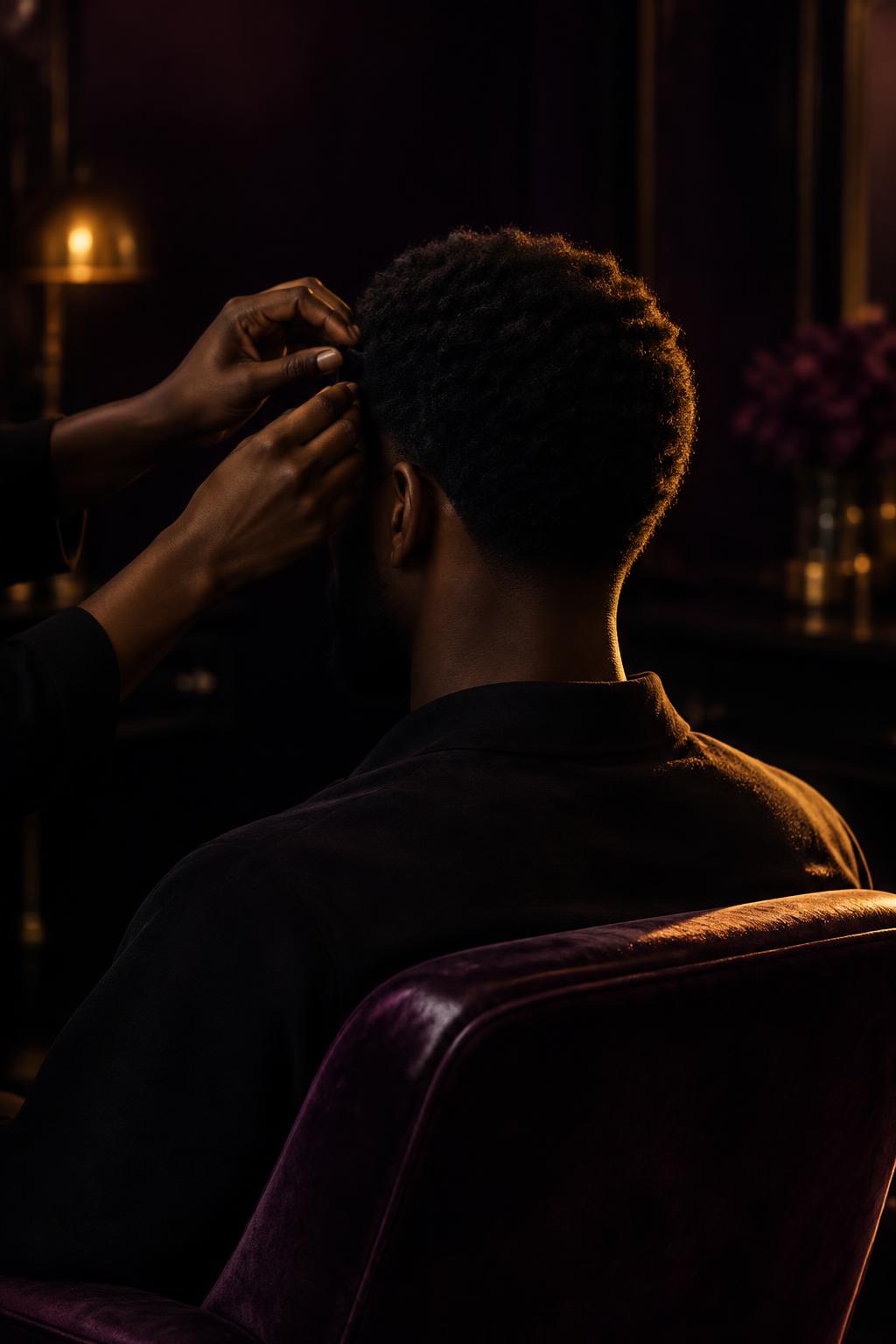 A stylist working through a man's short natural hair in the studio chair